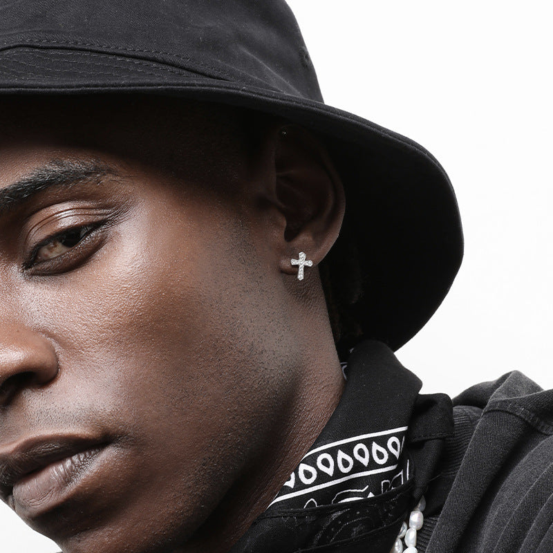 1 Pair Korean Trendy Zircon Cross Stud Earrings,Sparkling, Unisex.Hip Hop Piercing Jewelry